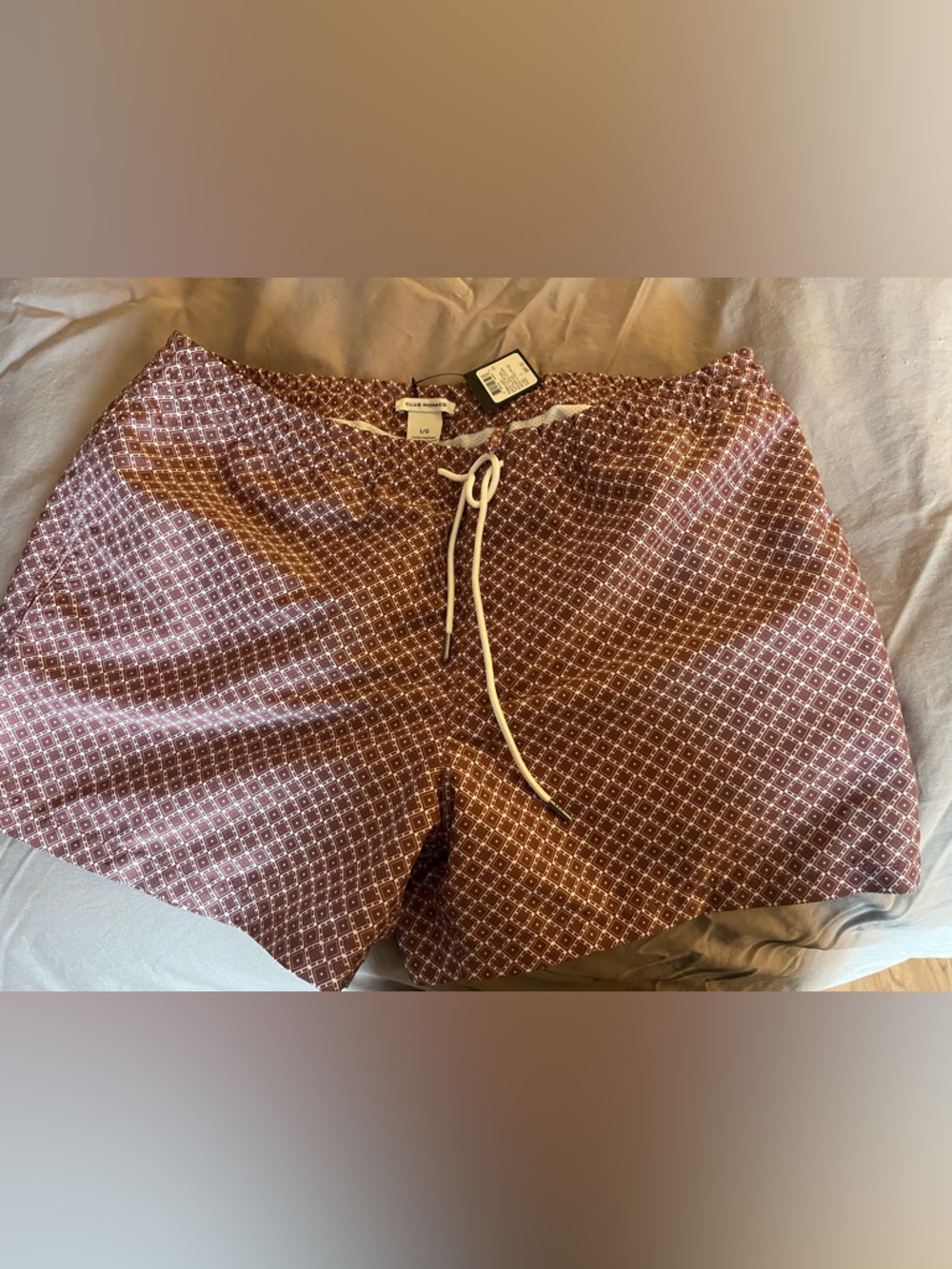 Club Monaco Maroon Geometric Swim Trunks with White Drawstring